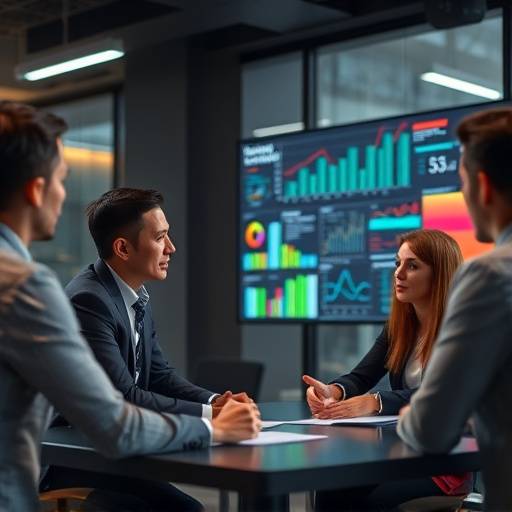 Eine Führungskraft präsentiert Strategien für digitale Transformation vor einem Team, Nutzung von Technologie und Datenanalyse wird hervorgehoben.